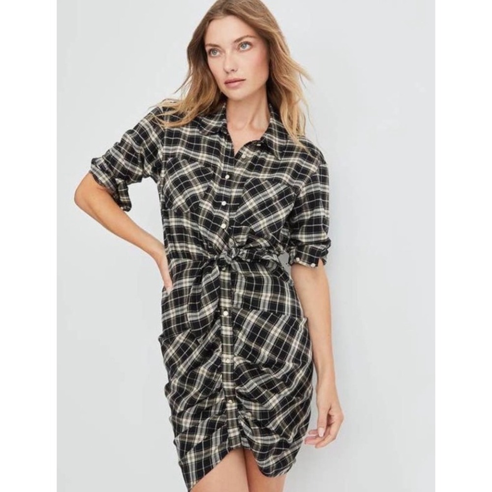 NWT Veronica Beard Sierra Plaid Flannel‎ Ruched Shirt Dress Black Ecru Sz 2 $498